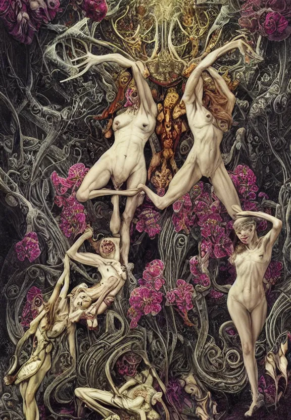 Image similar to simplicity, elegant, colorful muscular eldritch bodies and bones radiating from fractal, orchids, flowers, mandala, white bones, by h. r. giger and esao andrews and maria sibylla merian eugene delacroix, gustave dore, thomas moran, pop art, chiaroscuro, biopunk, art nouveau