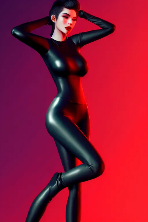 Image similar to dreamy girl character with perfect body in a nice black leather suit and red lips, very artistic pose, perfect lighting. professional design. great composition, illustration, highly detailed, digital painting, concept art, trending on artstation, unreal engine 5, ray tracing