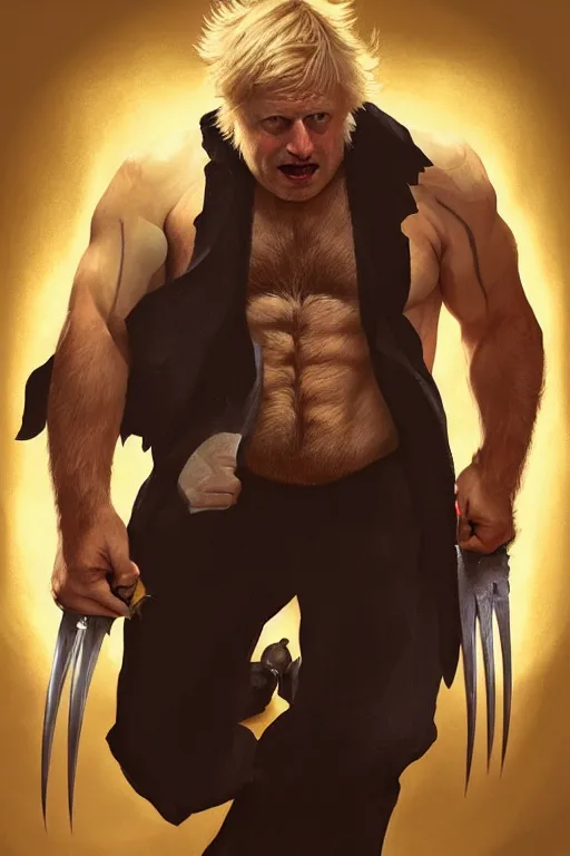 Prompt: Boris Johnson as Wolverine, portrait, skull on the chest, highly detailed, digital painting, artstation, concept art, smooth, sharp focus, illustration, cinematic lighting, art by artgerm and greg rutkowski and alphonse mucha