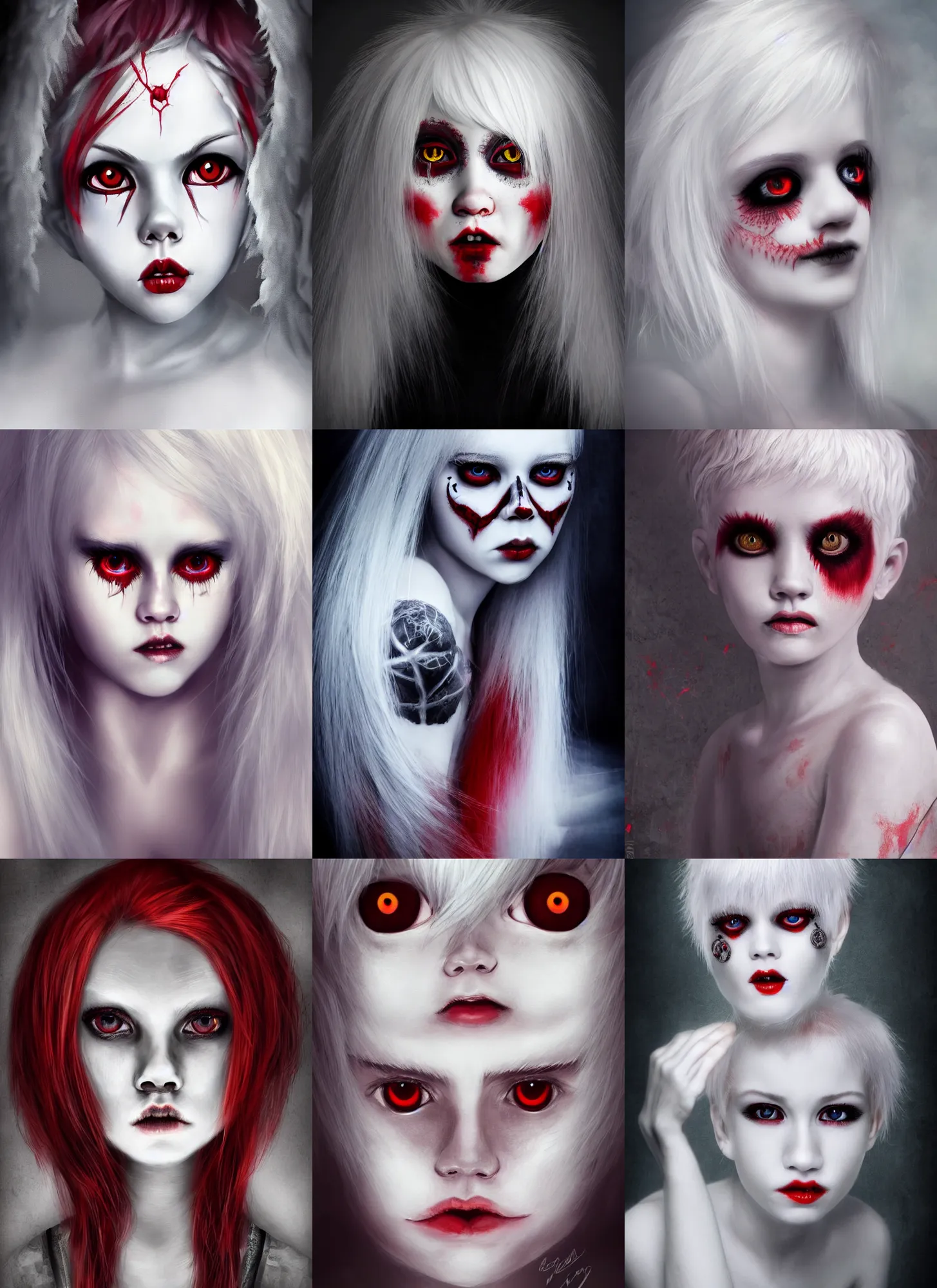 Prompt: detailed portrait of a ghost girl red eyes short white hair, award winning details, hd, trending in pinterst