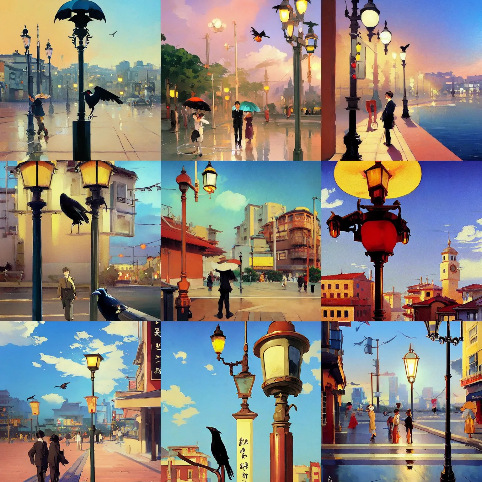 Prompt: crows on a modern lamp post, background of a modern city, by studio ghibli painting, by joaquin sorolla rhads leyendecker, an aesthetically pleasing, dynamic, energetic, lively, overlaid with aizome patterns, by ohara koson and thomas kinkade, traditional japanese colors, superior quality, masterpiece - c 3 0