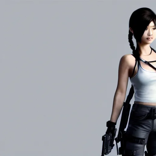 Image similar to Lara Croft as a beautiful korean girl, white hair, 2030 fashion, studio photography, 4k, studio lighting, minimalistic wallpaper background, realistic