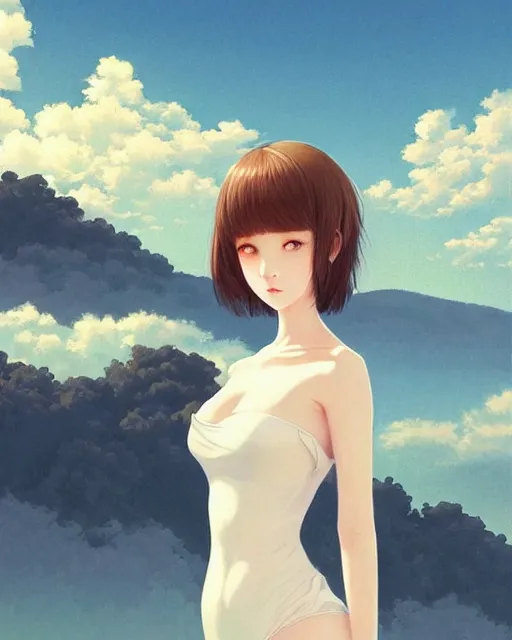 Image similar to infinitely detailed full - body portrait pale female peaceful dream angel wearing elegant clothes. beautiful! scenery art! by wlop & murata range, by ilya kuvshinov. artstation!! / pixiv!!