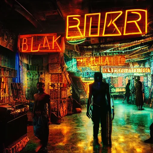 Image similar to cyberpunk black indian market, indoor in the style of blade runner, low neon lights and dim displays, crowded with cyborgs photorealistic, artistic photography, grainy ruined film, dark color scheme, ray tracing, unreal engine, 4 k