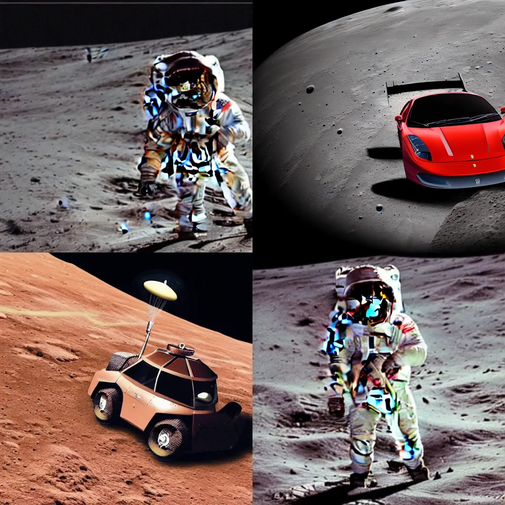 Prompt: astronaut driving a ferrari on the Moon. There is a lake and a mountain.