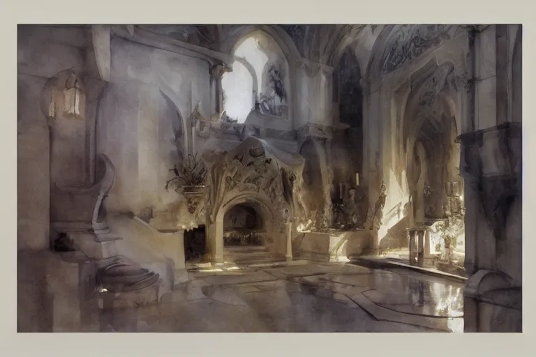 Image similar to abstract watercolor painting of mediterranean lord house interior, in stone, magical and traditional, cinematic light, national romanticism by anders zorn, by greg rutkowski, by greg manchess