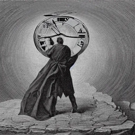 Prompt: a man eating the concept of time as the world around him crumbles, esoteric, optical illusion, illuminati