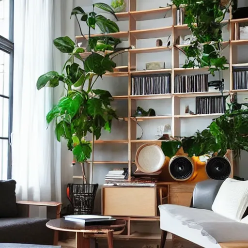 Prompt: living room interior design with style of japandi, light, ikea, warm wood, urban jungle plants, functional, music, art wall, music instruments, music records