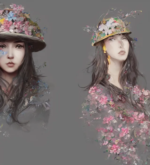 Image similar to a portrait of a female wearing a hat with sakura on top, hyper detailed, digital art, trending in artstation, cinematic lighting, studio quality, smooth render, unreal engine 5 rendered, octane rendered, art style by klimt and nixeu and ian sprigger and wlop and krenz cushart