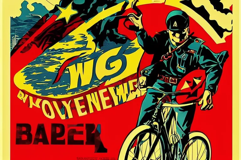 Prompt: a propaganda style poster to ban superheroes from riding bikes. by shepard fairey. in brilliant technicolor.