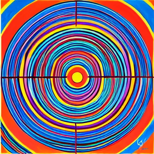 Image similar to rubber duck painting in the style of sol lewitt, concentric circles, geometric, evenly spaced, minimalist, very colorful