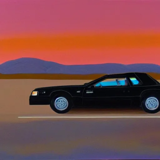 Image similar to a black 1990 Thunderbird super coupe driving on a desert highway viewed from the rear at sunset, oil painting