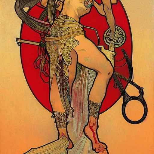 Prompt: red nunchaku warrior by alphonse mucha