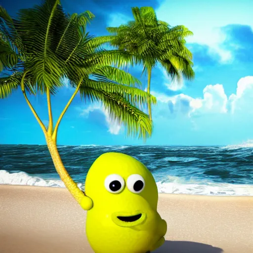 Image similar to 3 d render, of anthropomorphic green lemon character, with lemon skin texture, he is wearing a hat, building a sandcastle on the beach at sunset, beach, huge waves, sun, clouds, long violet and green trees, rim light, cinematic photography, professional, sand, sandcastle, volumetric lightening