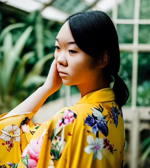 Prompt: head to shoulder Portrait a beautiful young woman wearing a yellow kimono in a tropical greenhouse with a very detailed barn owl on her shoulder, medium format camera, 85mm f1.8, bokeh