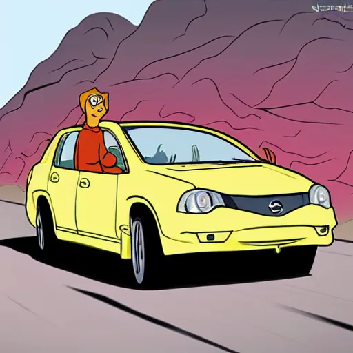 Image similar to scooby doo professionally driving inside a nissan pulsar through windy roads in the hills, drawn anime style