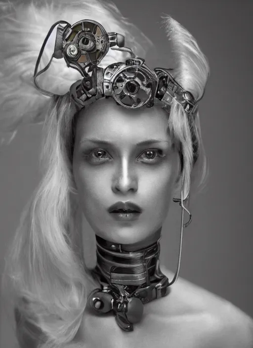 Image similar to photography of beautyful female android steampunk by paolo roversi,