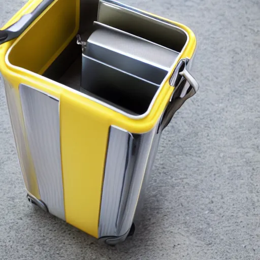 Prompt: yellow coffee mug made of rimowa aluminium suitcase, full of steaming coffee