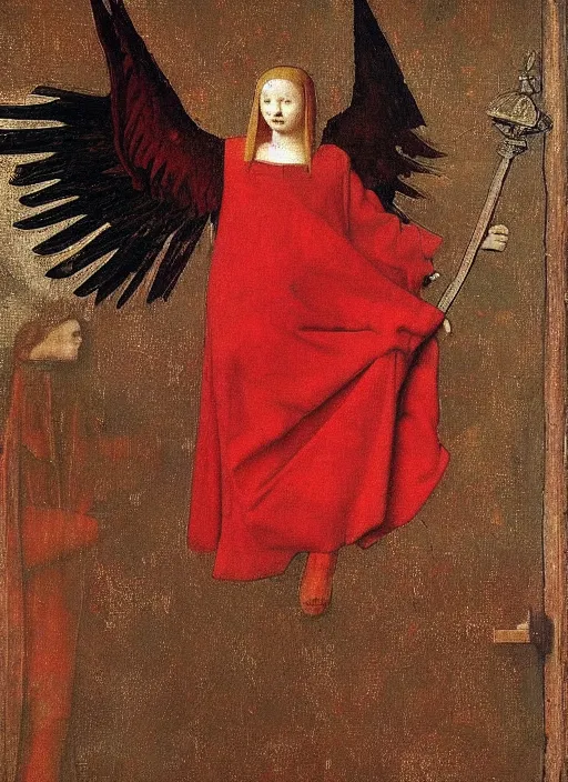 Image similar to Flying Fallen Angel with wings dressed in red, Medieval painting by Jan van Eyck, Johannes Vermeer, Florence