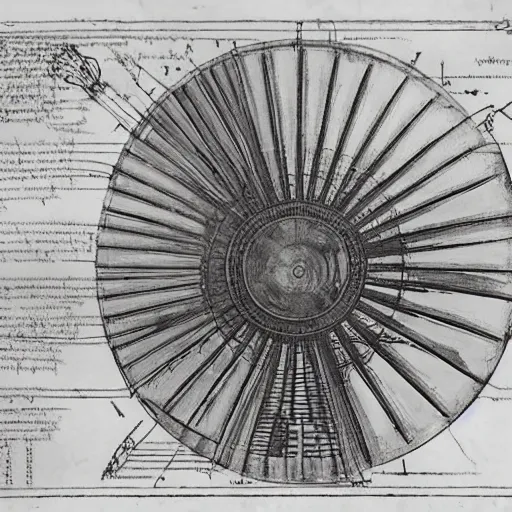 Prompt: leonardo da vinci color intricate full page scan blueprint of an environmental turbine machine, on paper, black ball pen style, :: ultra-detailed technical precision :: mixed media with white and silver lines, realistic composition, point of interest at golden ratio, light from right, more darkness on the bottom, monumentally art composition, high quality of sketching with subtle hairlines, highly detailed rounded forms, inside out and outside in, octane render