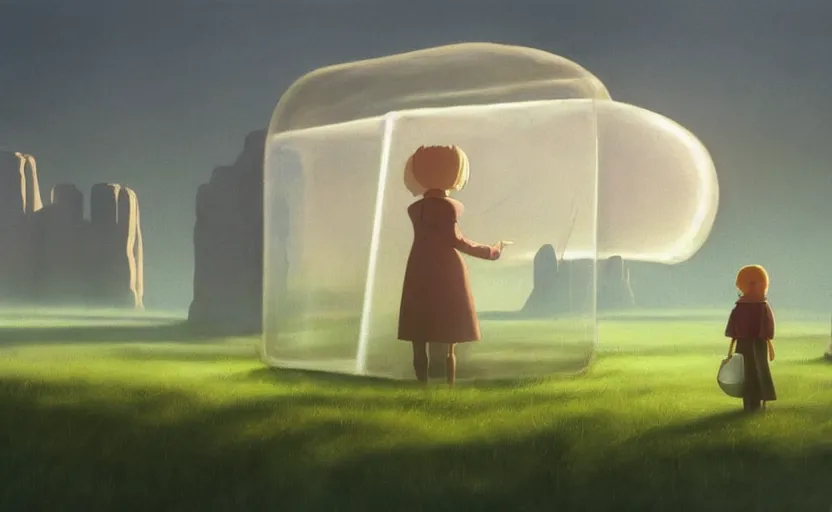 Image similar to hyperrealist painting of a cube inside a giant transparent bubble from howl's moving castle ( 2 0 0 4 ) in a flooded monument valley stonehenge jungle. 1 9 7 0 s science fiction, moody, misty, depth perception, 4 k, artstation, in the style of studio ghibli