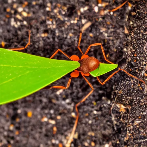 Prompt: A leaf cutter ant carrying a vibrant green leaf, bokeh