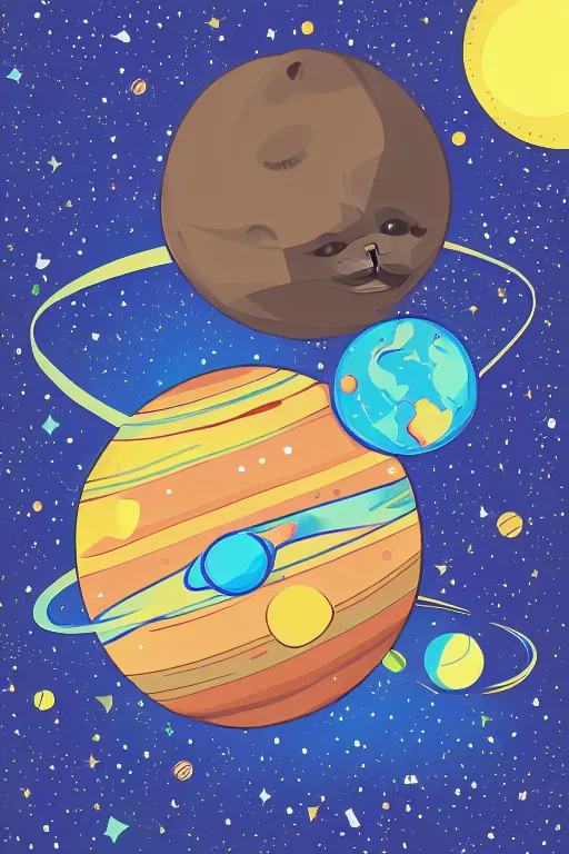 Image similar to planet pug floating in space, art by viktor miller gausa, sticker, colorful, illustration, highly detailed, simple, smooth and clean vector curves, no jagged lines, vector art, smooth