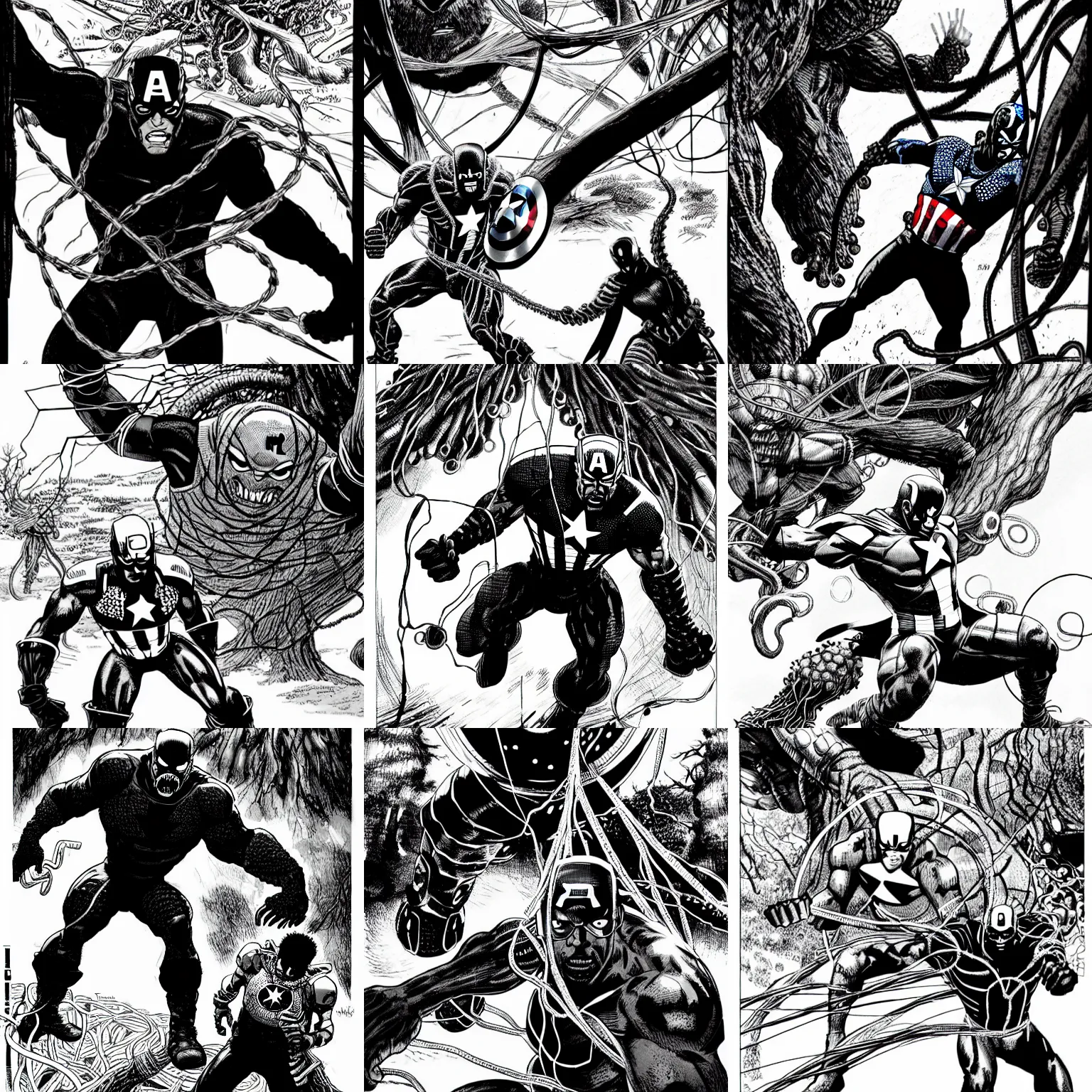 Prompt: black and whote captain america defends himself with a shield against the sword of a giant tree monster with wires and tentacles in the cuberpunk forest, by tsutomu nihei, black and white