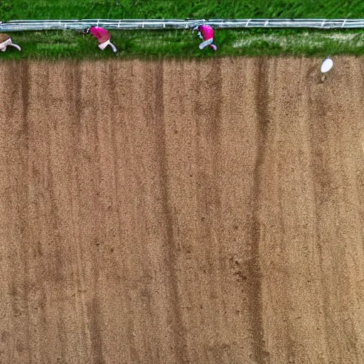 Prompt: a picture by a drone of a horse-race with no rider, no human at all in the picture