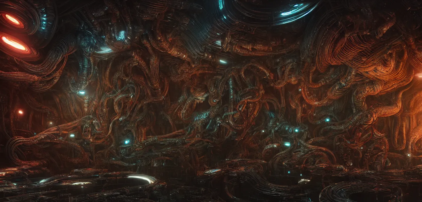 Image similar to Prometheus biological sci-fi environment set close-up, ship control panel close-up, in a nightmarish universe of odd forms and somber tapestry, HR Giger and Vincent Di Fate, vivid color scheme, featured in artstation, octane render, cinematic, elegant, intricate, 8k