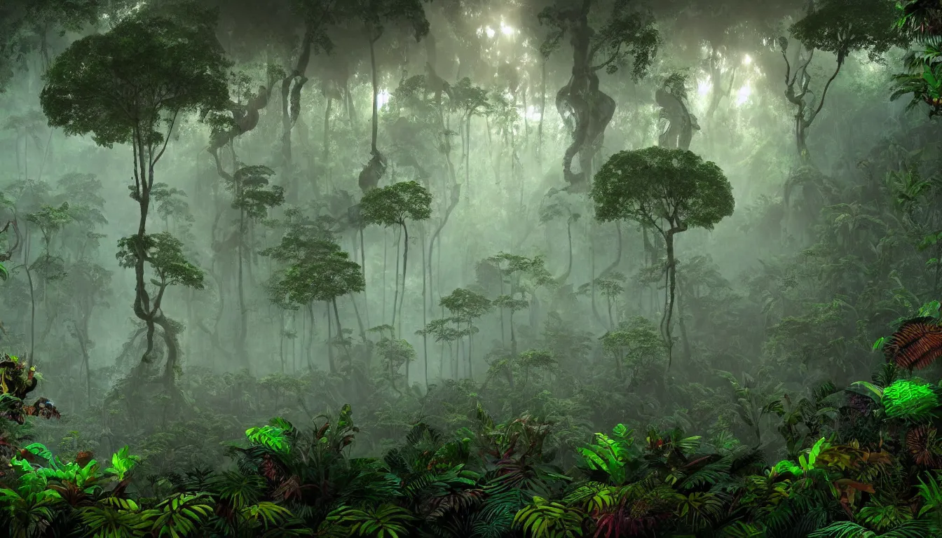 Image similar to deep mayan jungle forest realm biodiversity , side-scrolling 2d platformer game level, swirling clouds of magical mist through the trees, ancient temple gigantic statue heads in ruins in the background between the tree trunks, dramatic dusk sun illuminates areas, volumetric light , detailed entangled roots carpet the forest floor, rich color, upscale , 8k