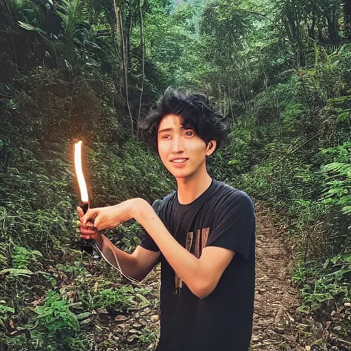 Image similar to korean mowgli, 2 0 years old, with long unkempt and slightly curly hair, holding a torch in one hand and an iphone in the other hand, standing in the jungles of jeju island