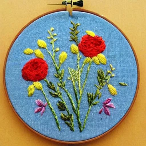 Image similar to a tiny beautiful handmade embroidery of a stunning bouquet of flowers. hand embroidery.