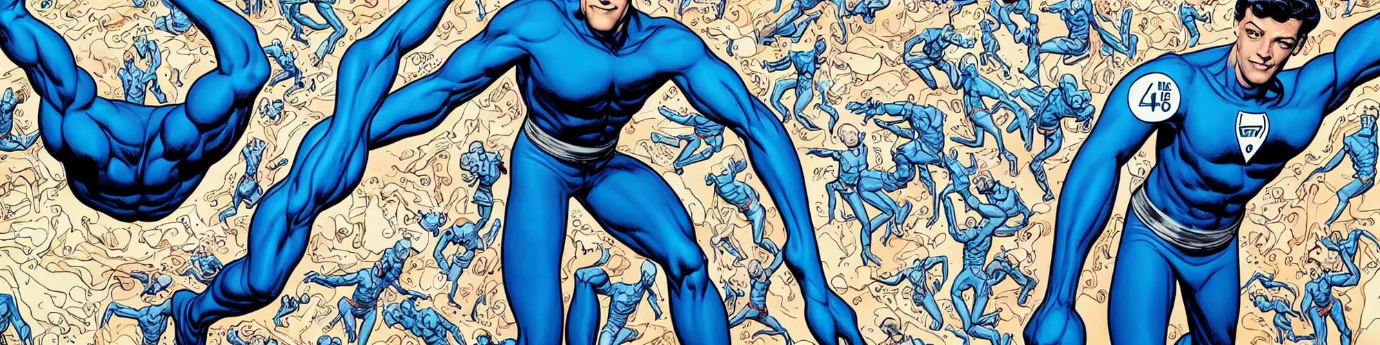 Image similar to mr. fantastic from the fantastic four showing off his weird limbs illustrated by james jean with very long hands and arms and fingers and legs and feet twirling and twisting around in a very high tech lab in space