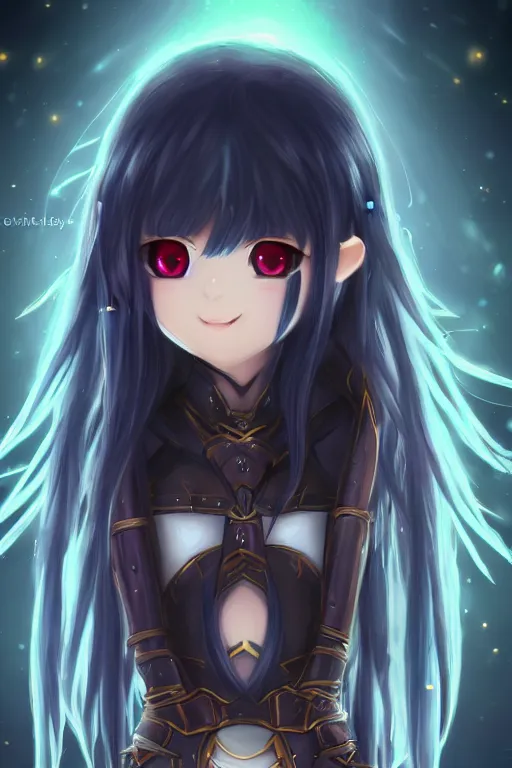 Image similar to adorable young cute anime elf girl, long black hair, fantasy armor. full body shot, symmetrical face. symmetrical detailed defined eyes. beautiful lineart. bokeh pixiv # 1 ranking depth focus, chromatic aberration, noise, soft lighting, srgb, 4 k, cinematic