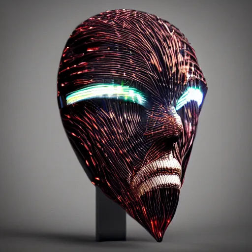 Image similar to realistic photograph of a futuristic shaman mask made of chrome scales and glowing fiber optic wires, zeiss lens, artstation, octane render