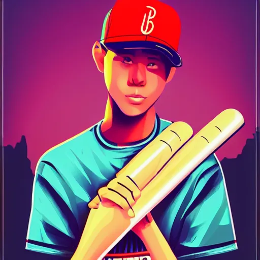 Prompt: young baseball boy with hat, synthwave vhs cover art style, artstation