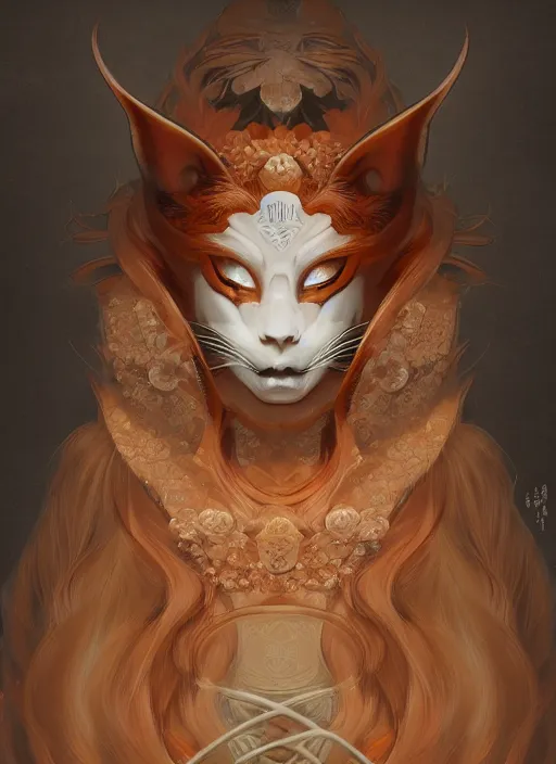 Image similar to a beautiful detailed oil on copper art illustration of a japanese kitsune mask woman, centered, by charlie bowater, zeng fanzh, trending on artstation, dim dusk lighting, cinematic lighting, detailed lighting, volumetric lighting, realistic, f 8, 4 k hd wallpaper