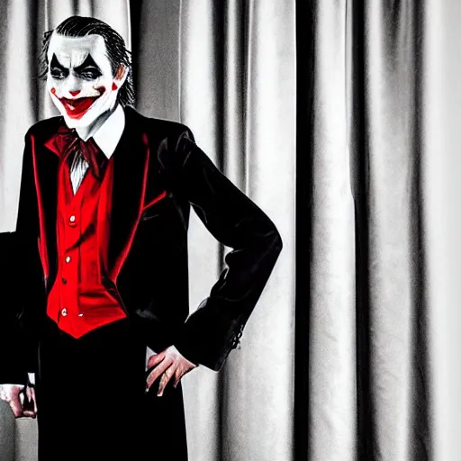 Image similar to the joker from the dark knight posing for senior prom photos, wearing black suit with red tie | digital photograph