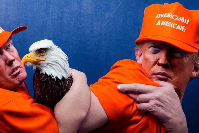 Image similar to Close-up portrait of Donald Trump in jail wearing orange clothes with an American bald eagle attacking him, octane, dramatic lighting, editorial photo, 35mm, very detailed