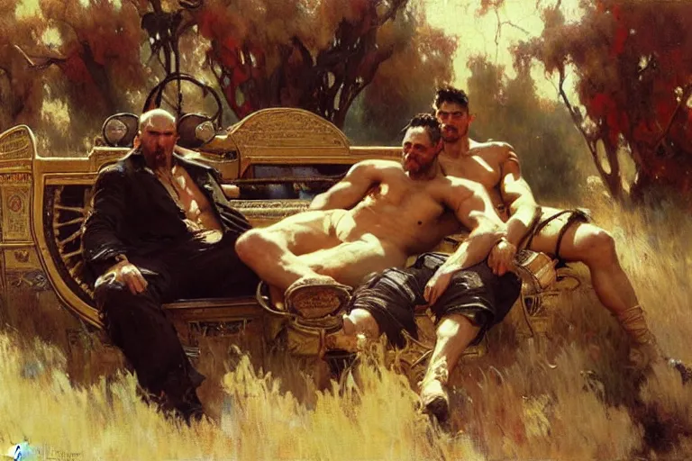 Prompt: 2 muscular attractive men sitting on a coach, painting by gaston bussiere, craig mullins, greg rutkowski, alphonse mucha