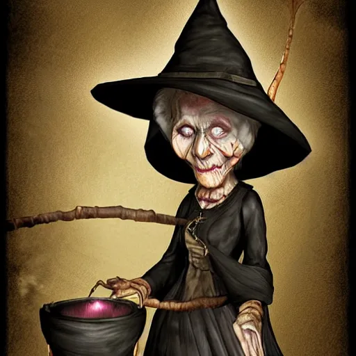 Image similar to An old wrinkled witch dressed in black stirring her cauldron. high detail, digital art, fantasy, RPG, concept art, illustration