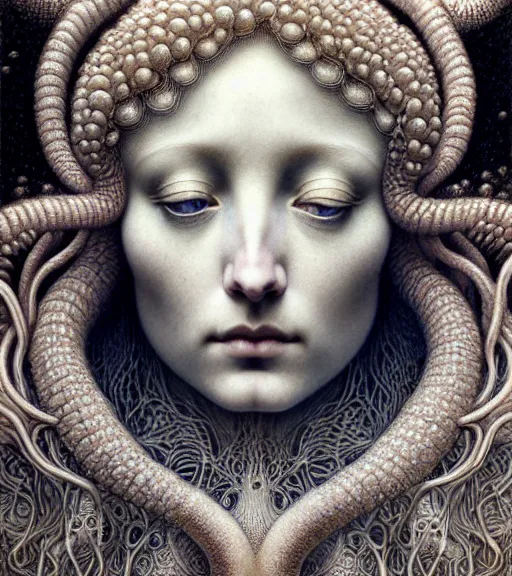 Prompt: detailed realistic beautiful ice goddess face portrait by jean delville, gustave dore, iris van herpen and marco mazzoni, art forms of nature by ernst haeckel, art nouveau, symbolist, visionary, gothic, neo - gothic, pre - raphaelite, fractal lace, intricate alien botanicals, ai biodiversity, surreality, hyperdetailed ultrasharp octane render