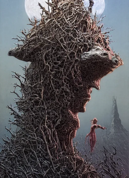 Image similar to blockchain headquater alie bishop by zdzislaw beksinski, ralph bakshi and hajime sorayama. spiky bones everywhere, the moon is big as a the night, high fashion, intricate details, by james jean, hd, 8 k, trending on artstation, uhd