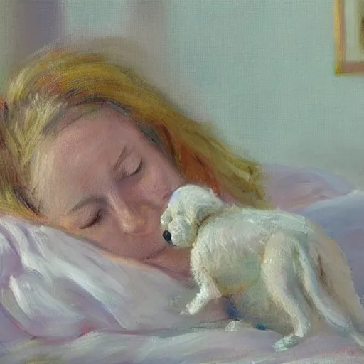 Image similar to An impressionist paining of a small white dog waking up a 22 year old girl from sleep. Morning light in room. Clumsy room. Long shot. Highly Detailed. Cute. Happy.