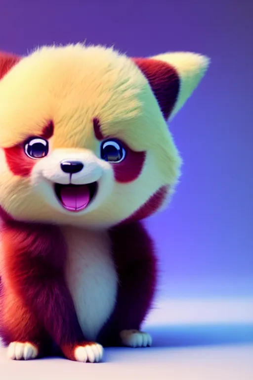 Image similar to high quality 3 d render hyperrealist very cute pastel fluffy! red panda & kaola hybrid eating giant ice cream full body, vray smooth, in the style of detective pikachu, hannah yata charlie immer, very dramatic violet light, low angle, uhd 8 k, shallow depth or field