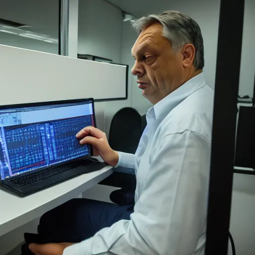 Image similar to viktor orban programming a computer in a cubicle, oil painting