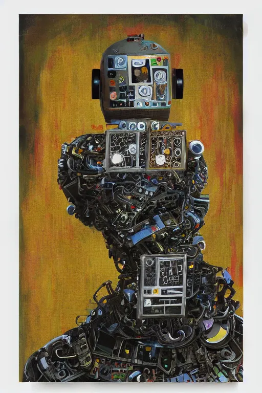 Image similar to robot monk painting a self - portrait on a canvas. intricate, highly detailed, photorealistic, film still, by christopher doyle.