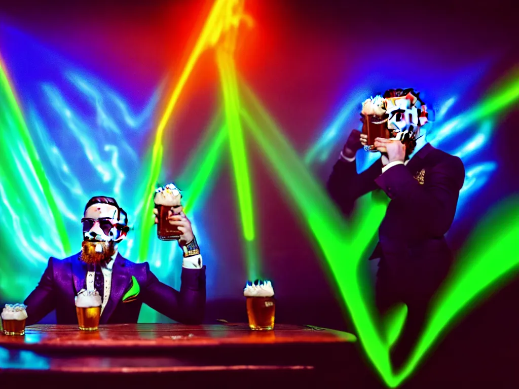 Image similar to a well framed portrait of conor mcgregor drinking a beer in an irish pub with a neon bar, laser show with blue cloud patterns, trending on art station, in the style of the movie heat with al pacino, volumetric lighting & shadows, digital art, unreal engine, 4 0 0 mm f 1. 2,