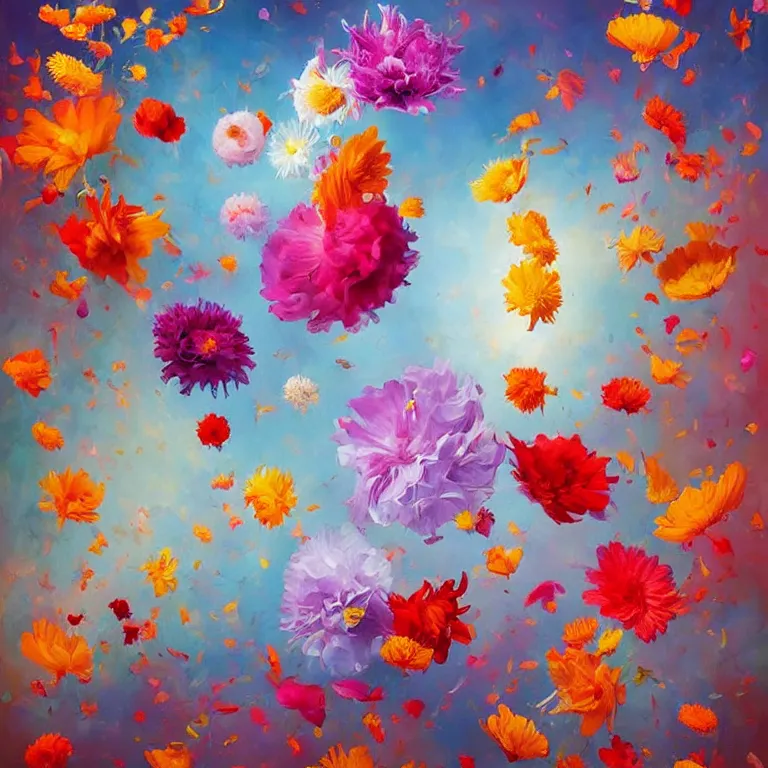 Image similar to a painting of a bunch of flowers floating in the air, a surrealist painting by rhads, james jean, alberto seveso, behance contest winner, psychedelic art, made of flowers, wallpaper, art